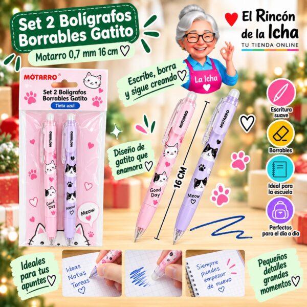 RI-0006475 Set 2 Bolígrafos Borrables Gatito Motarro 0,7 mm 16 cm