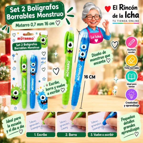RI-0006476 Set 2 Bolígrafos Borrables Monstruo Motarro 0,7 mm 16 cm