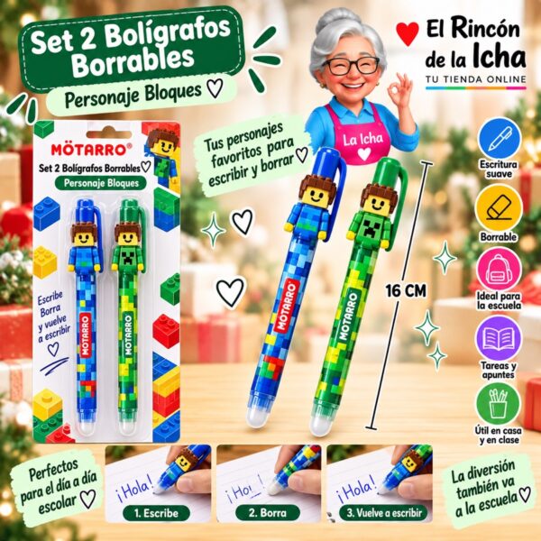 RI-0006477 Set 2 Bolígrafos Borrables Personaje Bloques Motarro 0,7 mm 16 cm