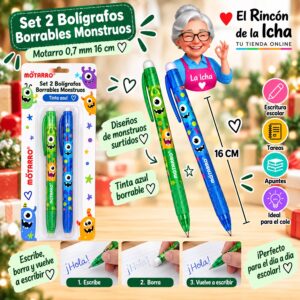 Set 2 Bolígrafos Borrables Monstruos Motarro 0,7 mm 16 cm