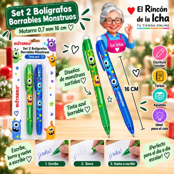 Set 2 Bolígrafos Borrables Monstruos Motarro 0,7 mm 16 cm
