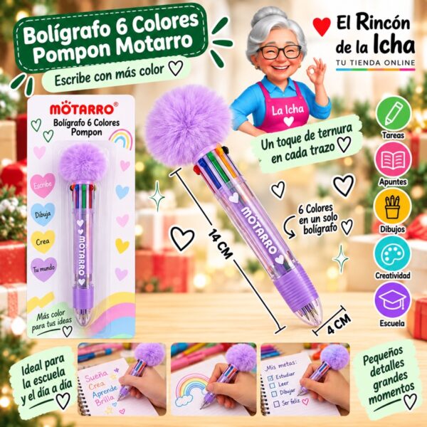 RI-0006481 Bolígrafo 6 Colores Pompon Motarro 14 cm