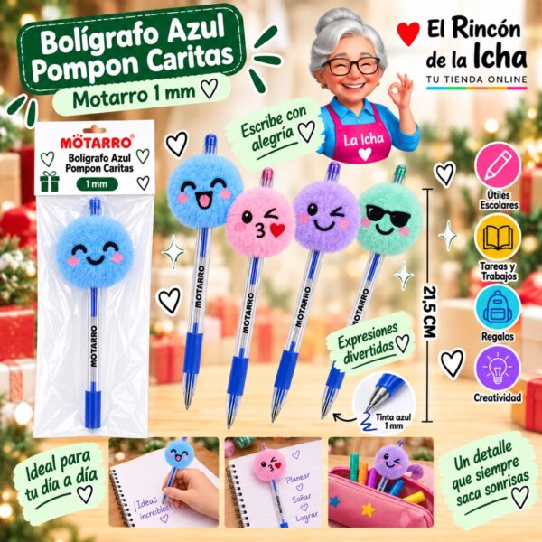 RI-0006482 Bolígrafo Azul Pompon Caritas Motarro 1 mm