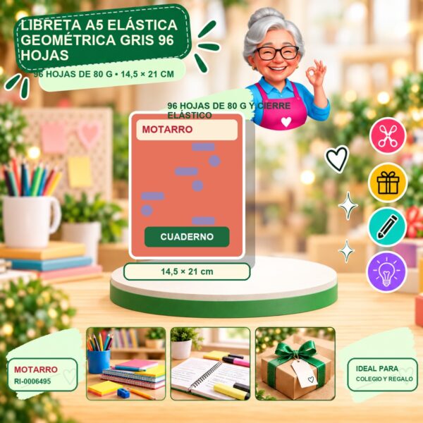 RI-0006495 Libreta A5 Elástica Geométrica Gris Motarro 96 Hojas