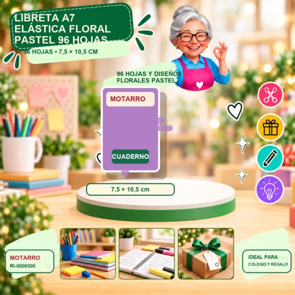 RI-0006500 Libreta A7 Elástica Floral Pastel Motarro 96 Hojas