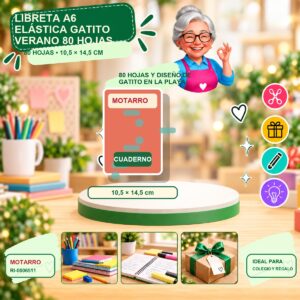 RI-0006511 Libreta A6 Elástica Gatito Verano Motarro 80 Hojas