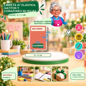 RI-0006516 Libreta A7 Elástica Gatitos y Corazones Motarro 80 Hojas