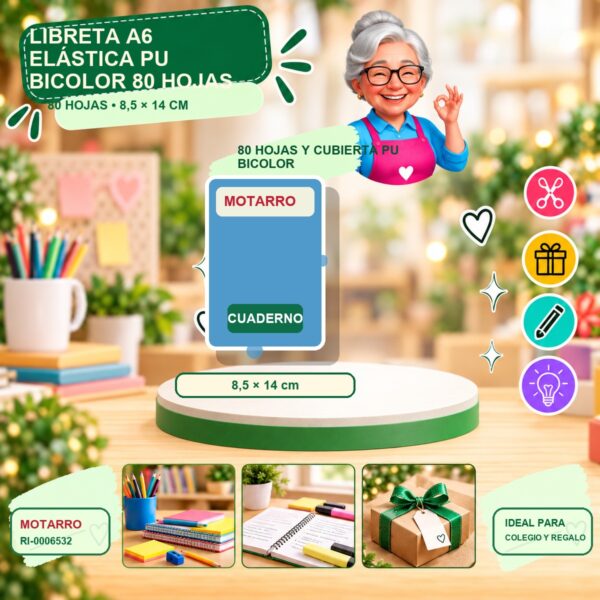 RI-0006532 Libreta A6 Elástica PU Bicolor Motarro 80 Hojas