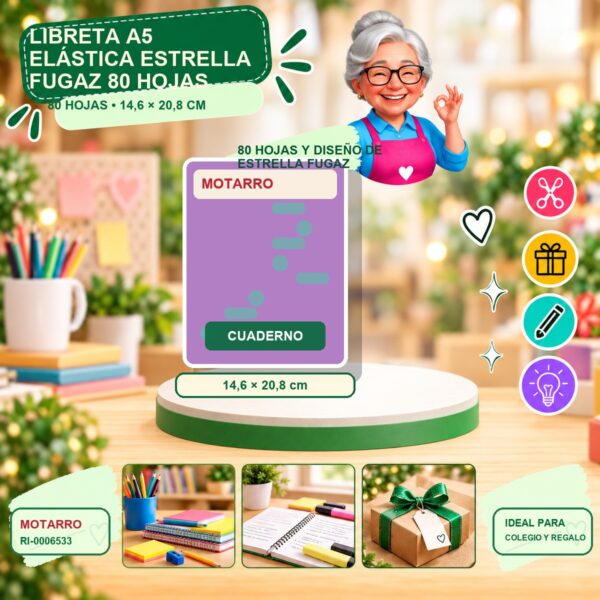 RI-0006533 Libreta A5 Elástica Estrella Fugaz Motarro 80 Hojas