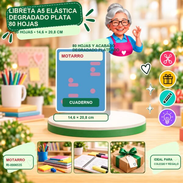 RI-0006535 Libreta A5 Elástica Degradado Plata Motarro 80 Hojas