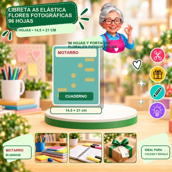 RI-0006546 Libreta A5 Elástica Flores Fotográficas Motarro 96 Hojas