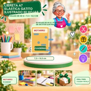 RI-0006567 Libreta A7 Elástica Gatito Ilustrado Motarro 80 Hojas