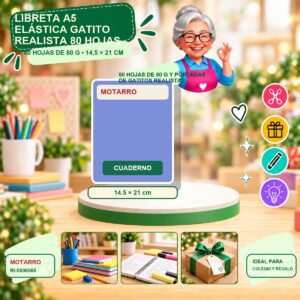 RI-0006568 Libreta A5 Elástica Gatito Realista Motarro 80 Hojas