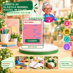 RI-0006576 Libreta A5 Elástica Mármol Pastel Motarro 96 Hojas