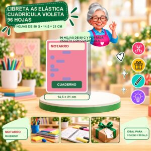 RI-0006581 Libreta A5 Elástica Cuadrícula Violeta Motarro 96 Hojas