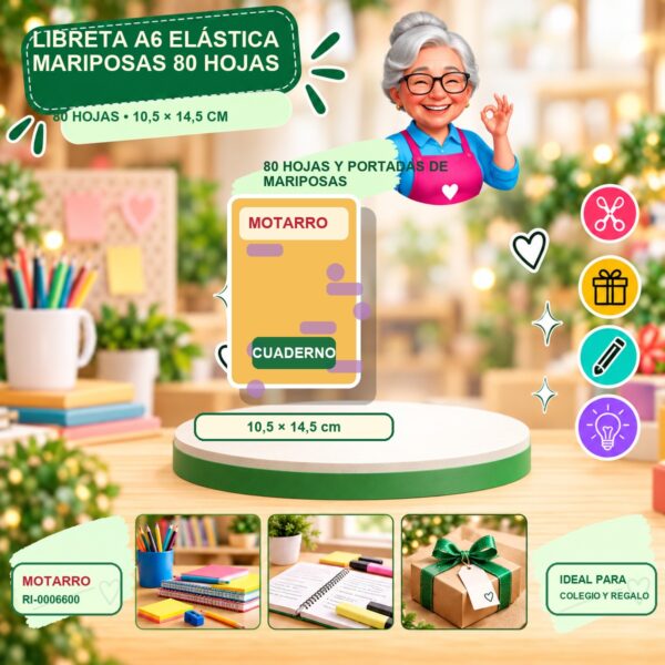 RI-0006600 Libreta A6 Elástica Mariposas Motarro 80 Hojas