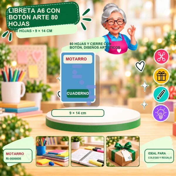 RI-0006606 Libreta A6 con Botón Arte Motarro 80 Hojas