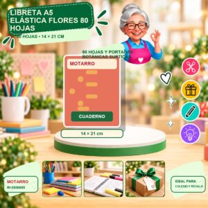 RI-0006608 Libreta A5 Elástica Flores Motarro 80 Hojas