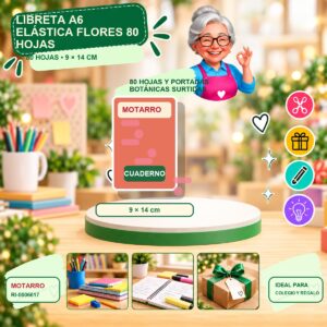RI-0006617 Libreta A6 Elástica Flores Motarro 80 Hojas