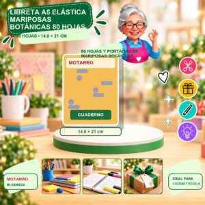 RI-0006624 Libreta A5 Elástica Mariposas Botánicas Motarro 80 Hojas