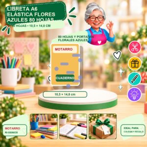 RI-0006638 Libreta A6 Elástica Flores Azules Motarro 80 Hojas