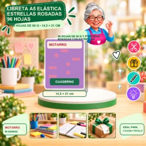 RI-0006644 Libreta A5 Elástica Estrellas Rosadas Motarro 96 Hojas