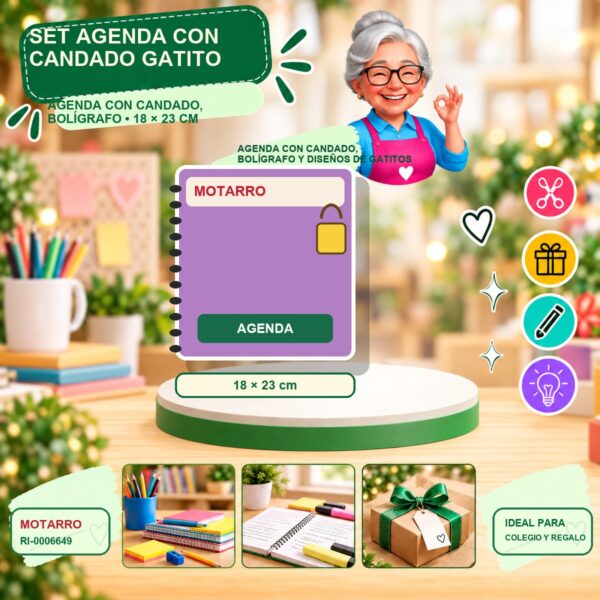 RI-0006649 Set Agenda con Candado Gatito Motarro