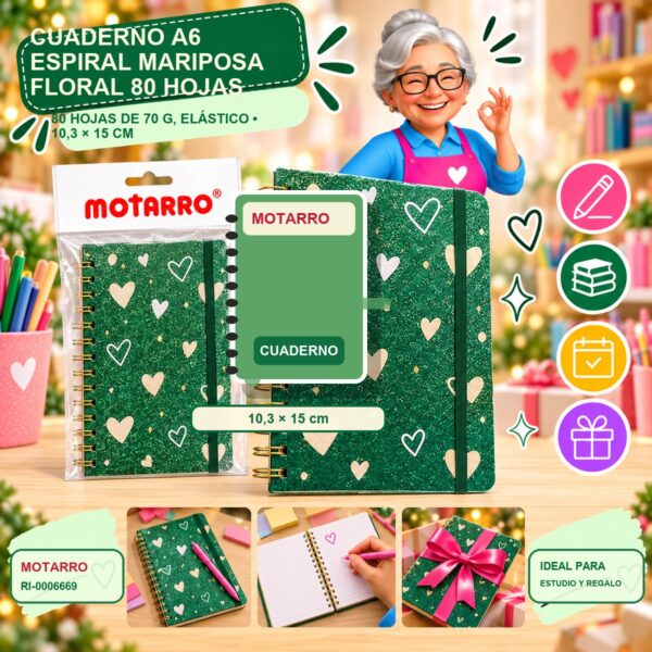 RI-0006669 Cuaderno A6 Espiral Mariposa Floral Motarro 80 Hojas