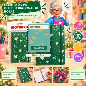 Libreta A5 PU Glitter Diagonal Motarro 80 Hojas