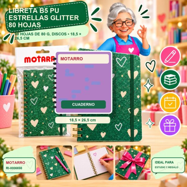 RI-0006698 Libreta B5 PU Estrellas Glitter Motarro 80 Hojas