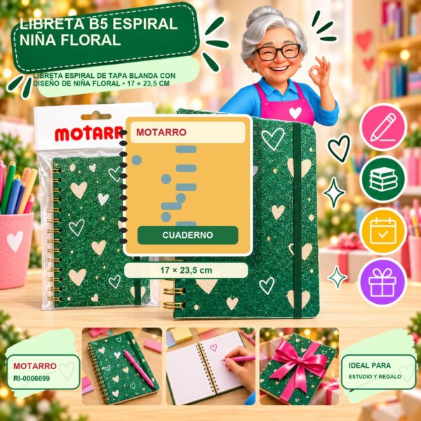 RI-0006699 Libreta B5 Espiral Niña Floral Motarro