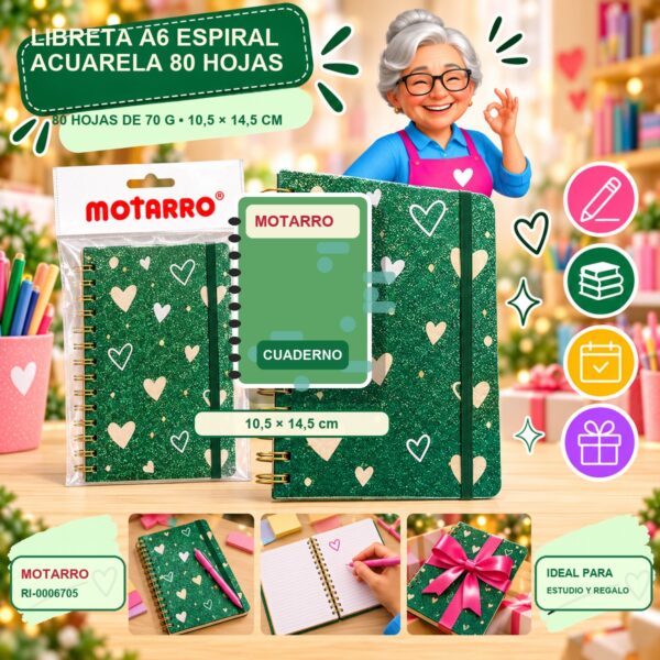 RI-0006705 Libreta A6 Espiral Acuarela Motarro 80 Hojas