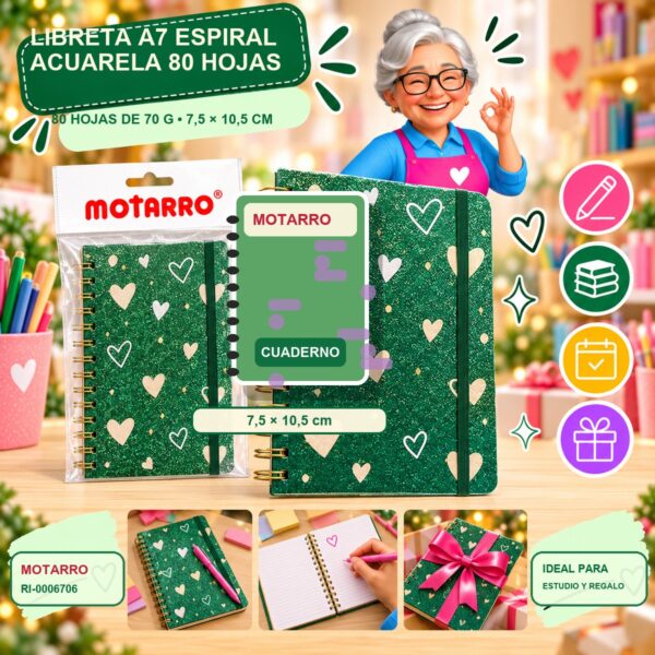 RI-0006706 Libreta A7 Espiral Acuarela Motarro 80 Hojas