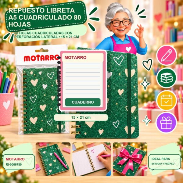 RI-0006750 Repuesto Libreta A5 Cuadriculado Motarro 80 Hojas