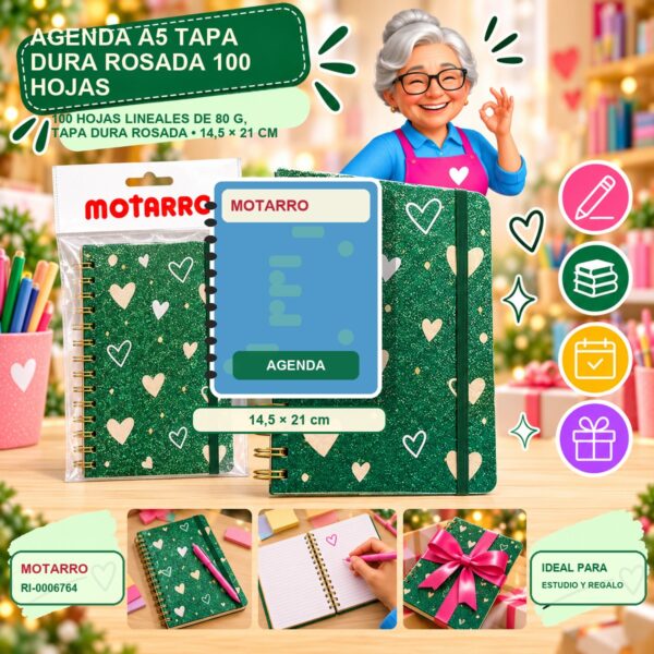 RI-0006764 Agenda A5 Tapa Dura Rosada Motarro 100 Hojas