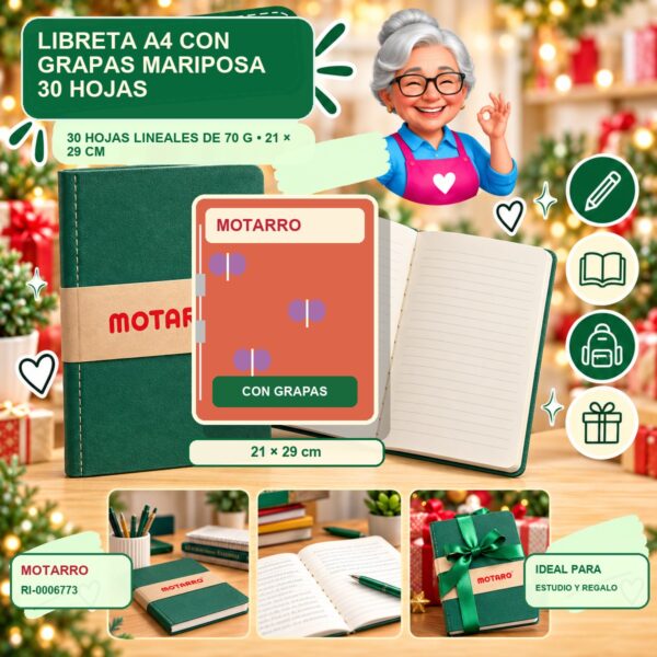 RI-0006773 Libreta A4 con Grapas Mariposa Motarro 30 Hojas