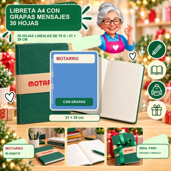 RI-0006779 Libreta A4 con Grapas Mensajes Motarro 30 Hojas