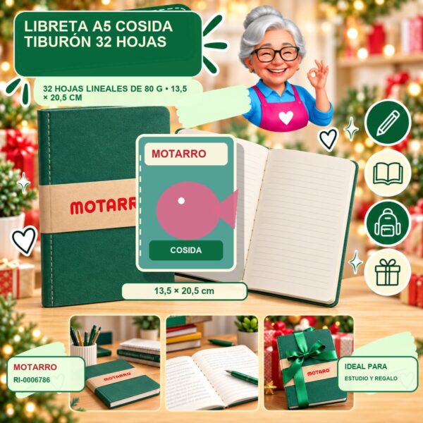 RI-0006786 Libreta A5 Cosida Tiburón Motarro 32 Hojas