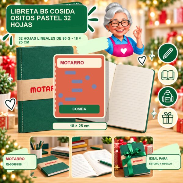 RI-0006788 Libreta B5 Cosida Ositos Pastel Motarro 32 Hojas