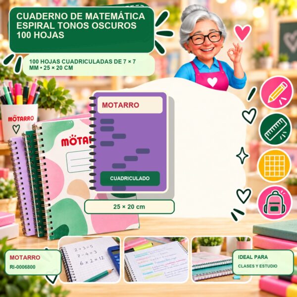 RI-0006800 Cuaderno de Matemática Espiral Motarro Tonos Oscuros 100 Hojas