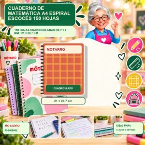 RI-0006802 Cuaderno de Matemática A4 Espiral Motarro Escocés 150 Hojas