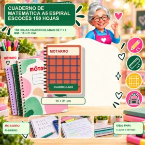 RI-0006803 Cuaderno de Matemática A5 Espiral Motarro Escocés 150 Hojas