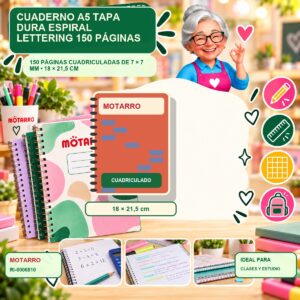 RI-0006810 Cuaderno A5 Tapa Dura Espiral Motarro Lettering 150 Páginas