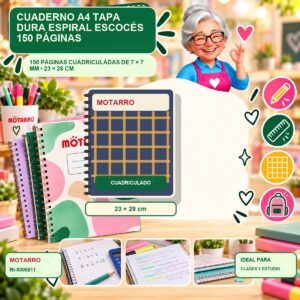 RI-0006811 Cuaderno A4 Tapa Dura Espiral Motarro Escocés 150 Páginas