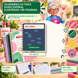 RI-0006814 Cuaderno A4 Tapa Dura Espiral Motarro Ilustrado 150 Páginas