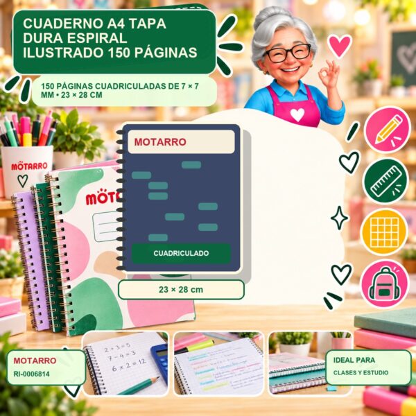 RI-0006814 Cuaderno A4 Tapa Dura Espiral Motarro Ilustrado 150 Páginas