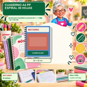 RI-0006820 Cuaderno A4 PP Espiral Motarro 80 Hojas