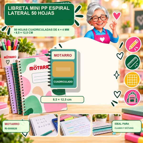 RI-0006826 Libreta Mini PP Espiral Lateral Motarro 50 Hojas