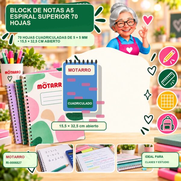 RI-0006827 Block de Notas A5 Espiral Superior Motarro 70 Hojas