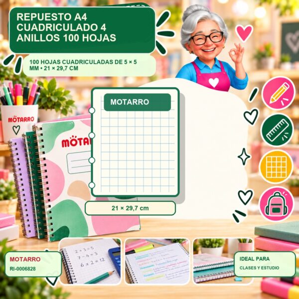 RI-0006828 Repuesto A4 Cuadriculado Motarro 4 Anillos 100 Hojas